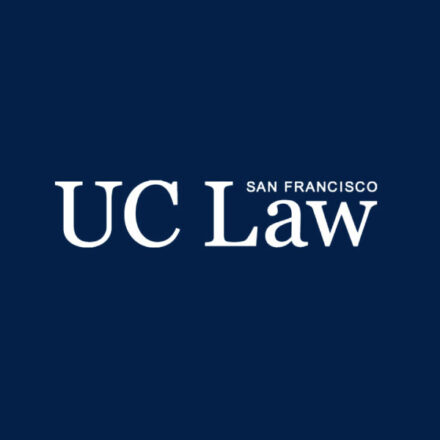 White UC Law SF logo on blue background