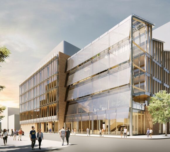 The Bakar ClimatEnginuity Hub, expected to open during the 2027-2028 academic year, will provide a home for entrepreneurs in the burgeoning field of climate technology. The donor-funded facility will be located on the west side of campus at the site currently occupied by University Hall. Rendering by Gensler