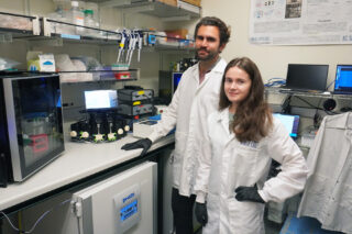 Spencer Seiler and Kateryna Voitiuk are developing an automated, scalable system for organoid culture in their UC Santa Cruz lab. Photo: Kaspar Mossman