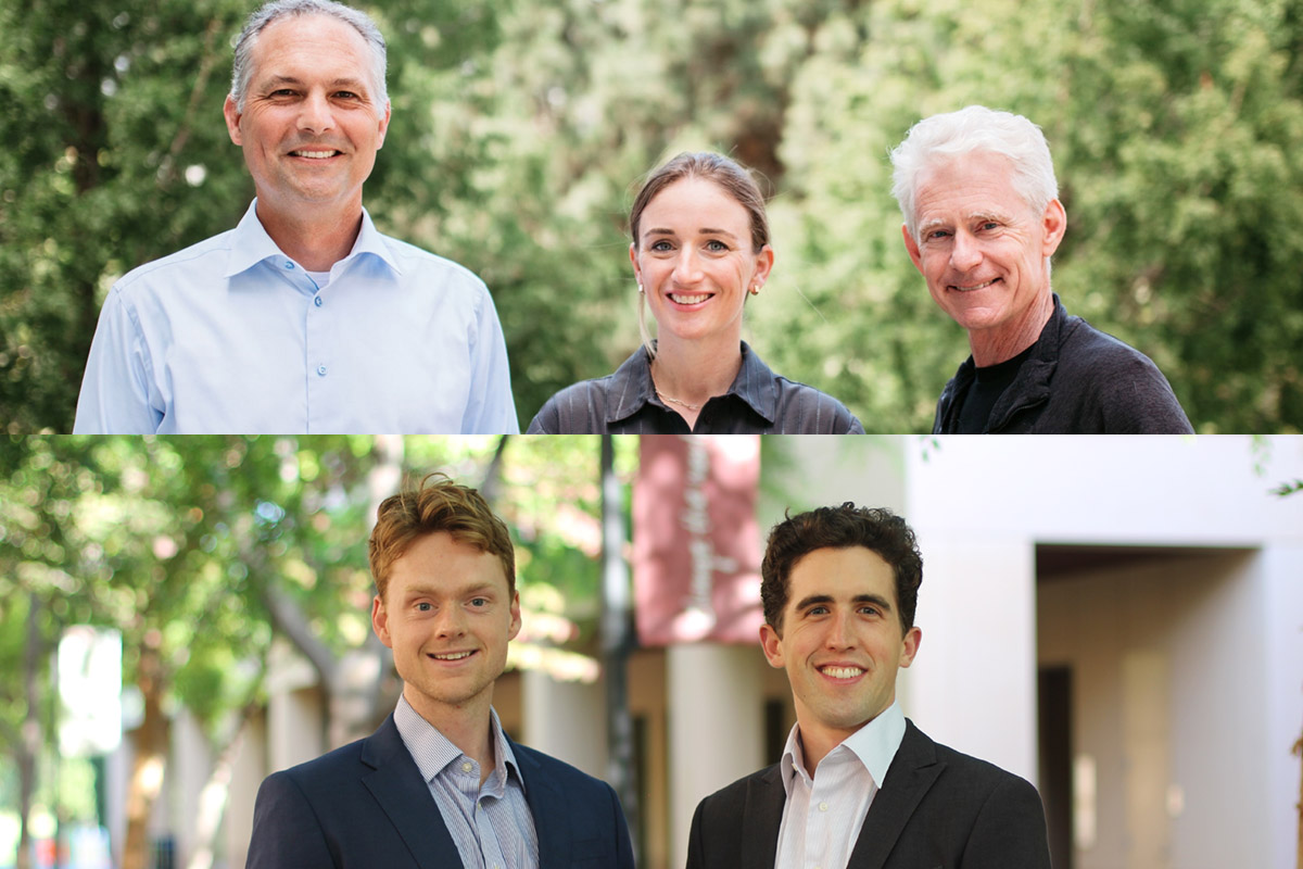 Two startup teams won $100K awards from QB3. Top: Michael Wilson, Caroline Vissers, Joe DeRisi. Bottom: TJ Sears and Luke Forsthoefel.